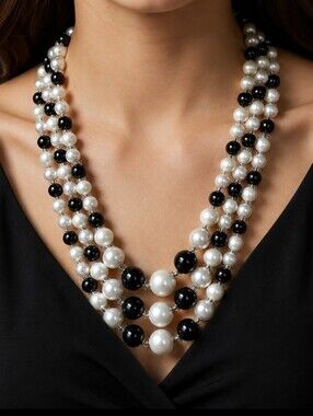 Triple Strand Faux Pearls Beaded Vintage Necklace Japan Black Acrylic Beads EUC